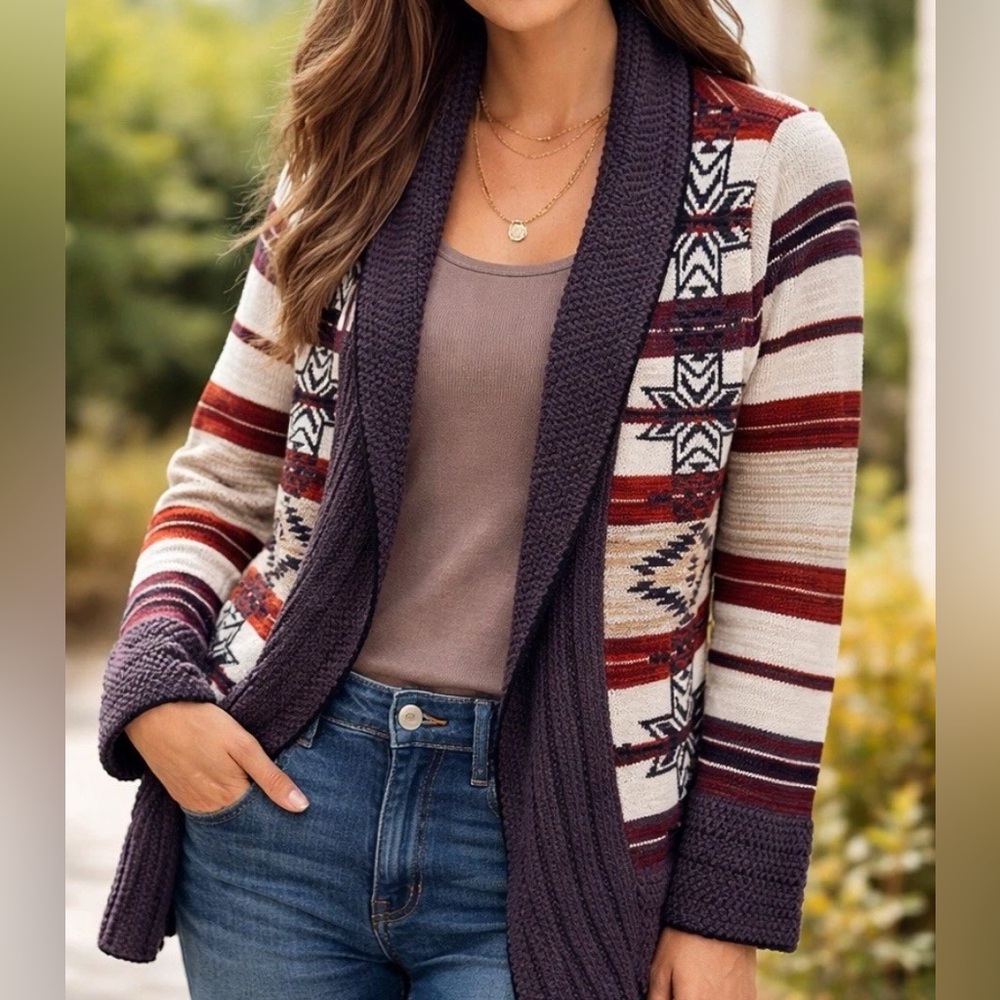 BCBG Women’s Aztec-pattern open-front cardigan sweater Southwest, Tribal Size L